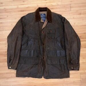 Vintage Polo Ralph Lauren Waxed Canvas Field Jacket Brown Corduroy Collar Size L